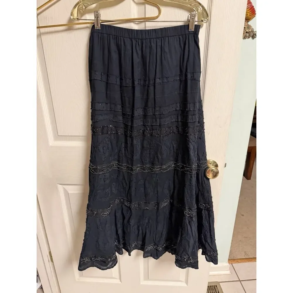 Chico’s black tuscan Crinkle maxi skirt Beaded Textured Hippie 1x 30x37 Boho New